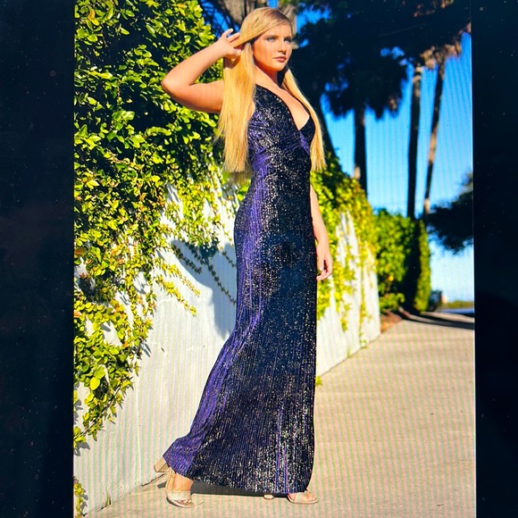 BCBGeneration, Micropleated Blue Velvet W/Gold Stars Gown, Size 2. - Picture 1 of 12